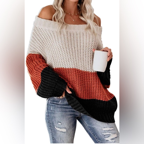 VIMPUNEC Womens Oversized Sweater Color Block Off The Shoulder Pullover. NWT. - Picture 1 of 8
